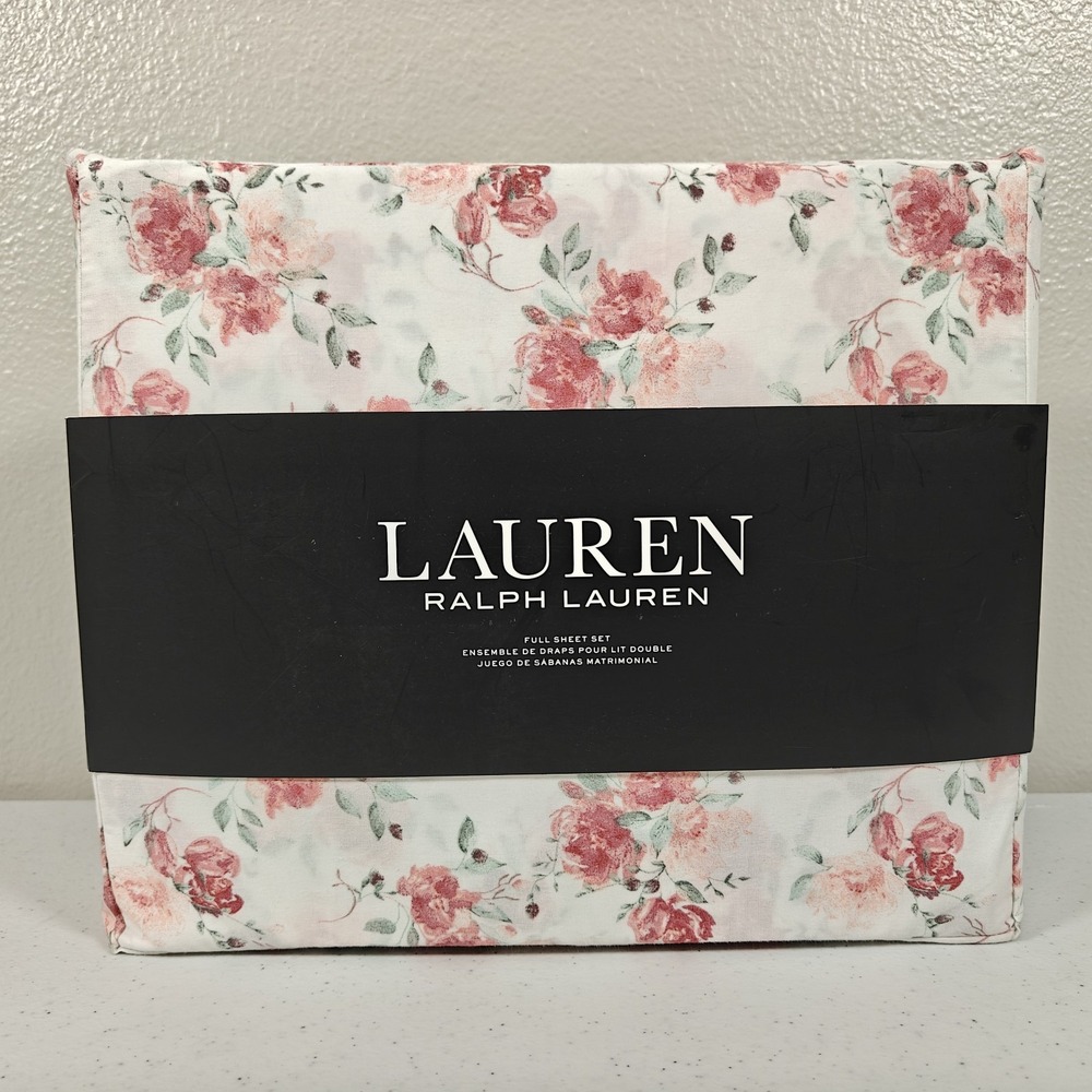 Lauren Ralph Lauren Full Sheet Set 4pc Cotton Floral Roses Pink White NEW